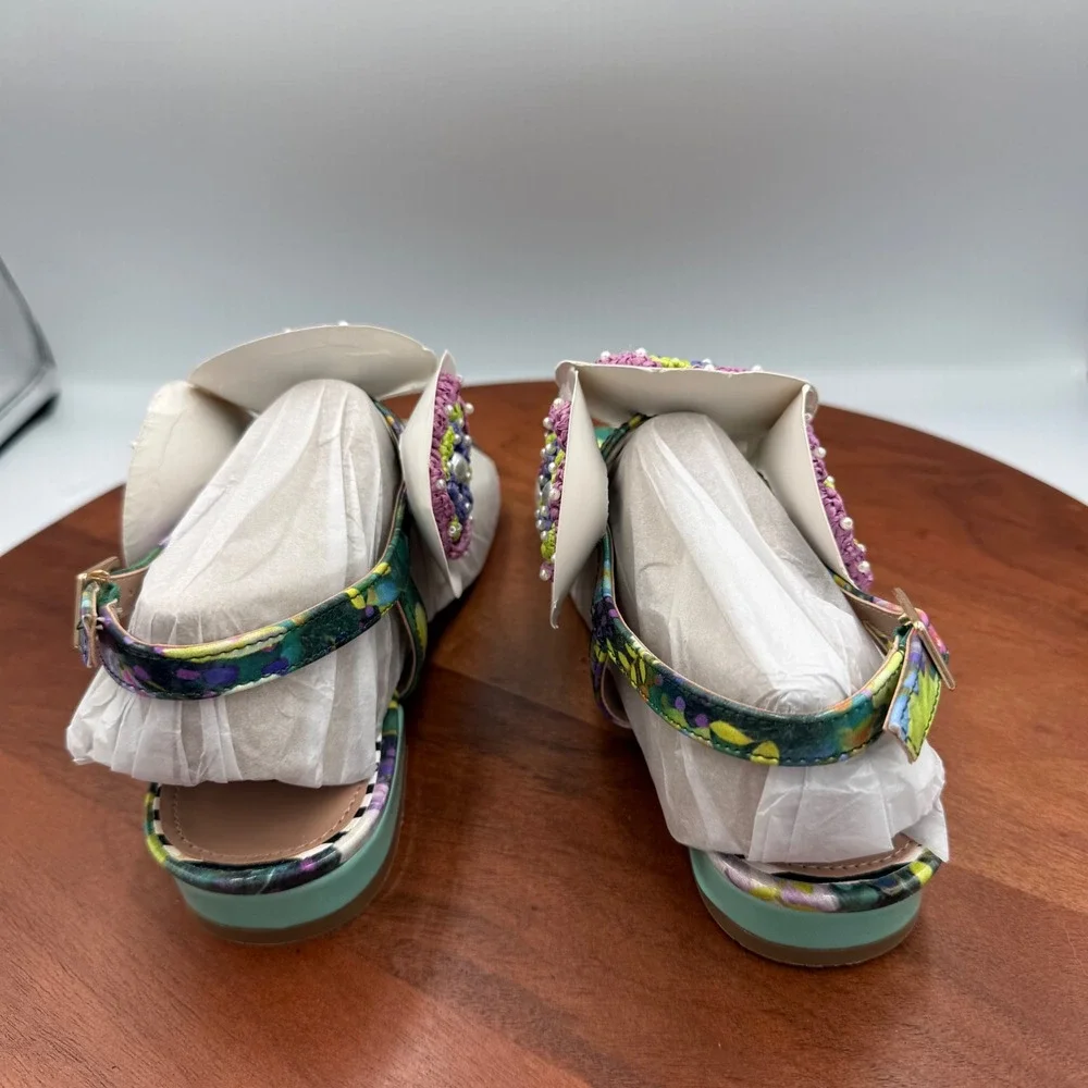 Betsey Johnson Cindii Floral Crochet Flower Pearl Flat Sandals Bright Multi Sz.8 - Picture 5 of 13